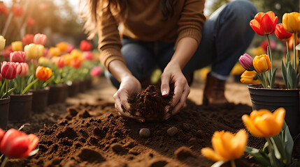 Female Hand digging soil for planting flower in pot with  many beautiful colourful flowers tulips. 