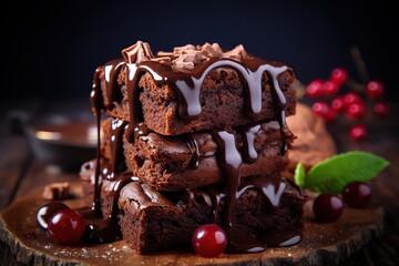 Chocolate brownie with currant berries on wooden background