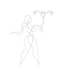 Woman keeping Womb Uterus.Feminism concept.Support Womens Feminine Health.Anatomical Female Ovaries hand drawn line.Female Reproductive System.Vagina Symbol Menstruation.Free Women.Vector Illustration