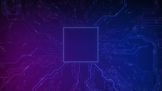 Animated circuit board. Digital technology background. Central computer processor CPU concept. Motherboard digital chip. PCB with free copy space for text or logo. Development 3D abstract backdrop