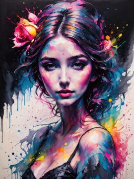 Watercolor urban grunge illustration of beautiful girl, abstract artwork,  colorful contemporary poster