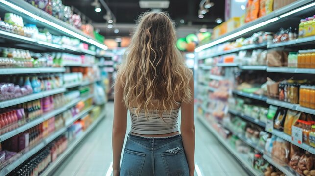 A picture of a beautiful young woman buying groceries in a grocery store