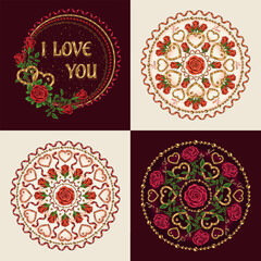 Valentines Day circular ornaments with hearts, red roses, spiral ribbons, text. Vintage style. For greeting card, wedding, engagement, event decoration.