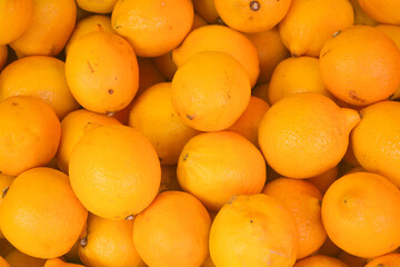 Heap of fresh ripe organic yellow lemon fruits at produce farmers market. 