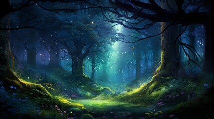 Fantasy magic forest landscape. Fantastic wood background.