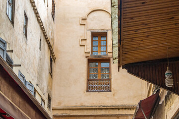Exterior view of historical buildings in the old medina. Jewish neighborhood in the downtown in Fez, Morocco, Africa.