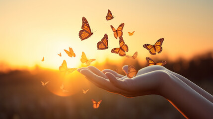 close-up of human hand and butterflies flying above it at sunset or sunrise