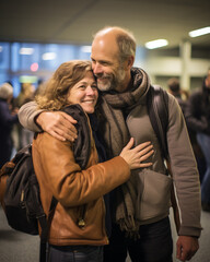 A couple reuniting at an airport , AI Generative.