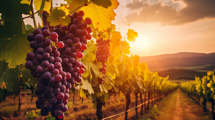 vineyard. grapes beautiful sunset.Generative AI