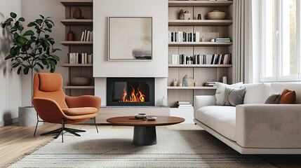 Sofa and chair in room with fireplace and book shelf. Scandinavian style home interior design of modern living room