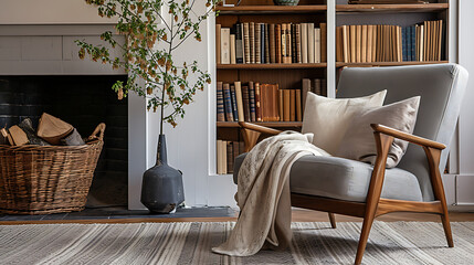 Sofa and chair in room with fireplace and book shelf. Scandinavian style home interior design of modern living room