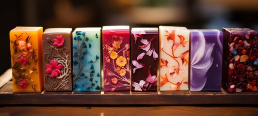 Handmade natural scented soap bars. Soap in various shapes, colors. Horizontal photo for banners, posters, gift cards, advertising.
