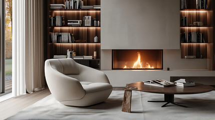 Sofa and chair in room with fireplace and book shelf. Scandinavian style home interior design of modern living room