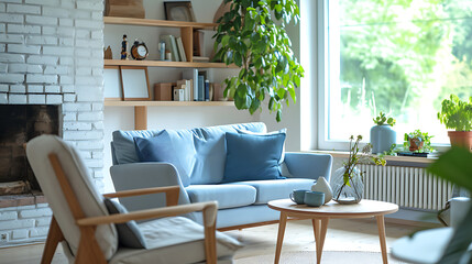 Obraz premium Sofa and chair in room with fireplace and book shelf. Scandinavian style home interior design of modern living room