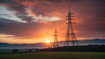 Dramatic Sunset Sky with Silhouette of Electricity Pylon and Transmission Tower
