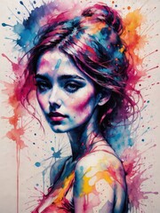 Watercolor urban grunge illustration of beautiful girl, abstract artwork, colorful contemporary poster