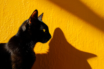 A black cat set against a vibrant yellow background.





