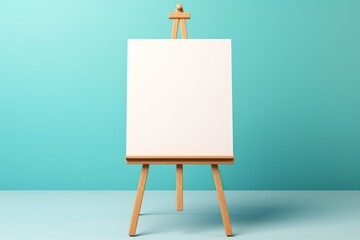 Wooden easel with blank canvas on blue background