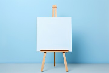Wooden easel with blank canvas on blue background