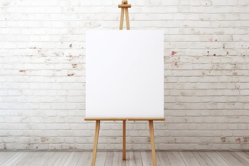 Wooden easel with blank canvas on brick wall background