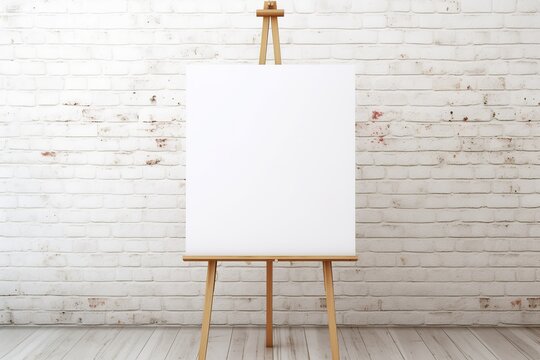 Wooden easel with blank canvas on brick wall background