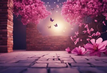 3d wallpaper pink and purple branches flowers and butterfly with bricks
