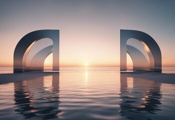 3d render abstract zen seascape background Nordic surreal scenery with geometric mirror arches calm - obrazy, fototapety, plakaty