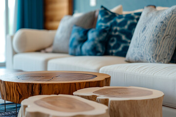 A close-up view of an accent wood coffee table near a white sofa adorned with blue and grey pillows, showcasing the minimalist interior design of a modern living room.