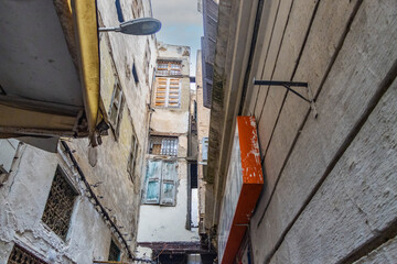 Exterior view of historical buildings in the old medina. Jewish neighborhood in the downtown in Fez, Morocco, Africa.