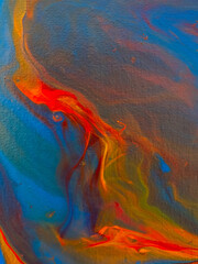 Fluid art painting. Abstract decorative marble texture. Background with liquid acrylic. Mixed paints for poster or wallpaper. Modern art. Psychedelic  colors. Blue, golden, red, yellow, orange. 