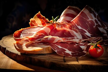 Thin slices of meat jamon, composition with tomato on a wooden cutting board on a black background. Delicious shot with bacon.
