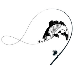 The fish grabs the bait and rod. Silhouette for fishing and outdoor activities