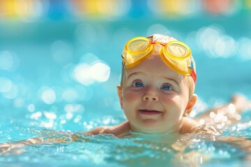 Little swimmer, joyful kid, baby swims in the pool with swimming goggles. portrait of a contented child. water treatments, children's entertainment.