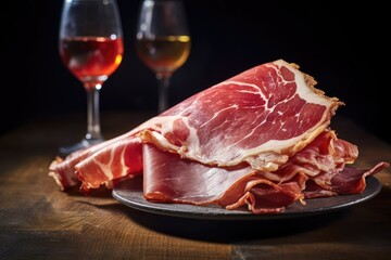Food concept. Thin slices of meat jamon on a black plate and two glasses of wine, on a black background.
