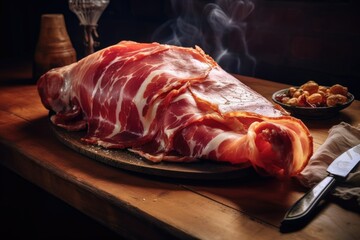 Food concept. Cured pork leg of jamon with thin slices of meat jamon on a wooden table on a black background.