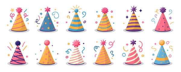 Vector illustration set of cute doodle colored party hats for digital stamp, greeting card, sticker, icon, design. Collection of festive paper caps. Hats for the party. Vector illustration.