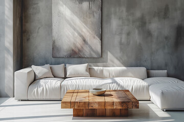 A wooden square coffee table positioned near a white sofa in a room with a grey wall adorned with an art poster, showcasing an elegant and minimalist home interior design in a modern living room.