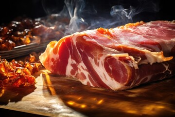 Food concept. Cured pork leg of jamon on a wooden table on a black background. Delicious shot with bacon. Close-up.