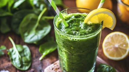 Fototapeta premium healthy natural organic smoothie made from fresh fruits and berries, detox, weight loss, proper nutrition, drink in a glass, jar of juice, tropical cocktail, ingredients, cooking, breakfast, spinach