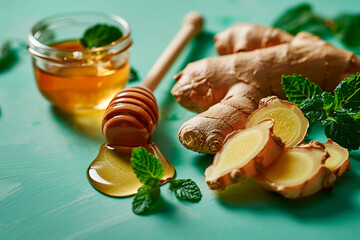 Airborne slices of fresh ginger root and a honey dipper showcased on a vibrant green background.