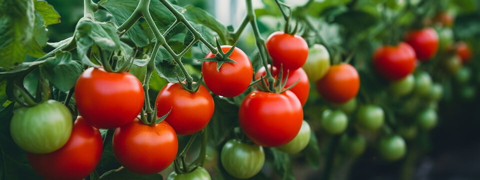 Close-up of plants with fresh tomatoes in the garden