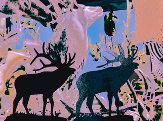 Elk silhouettes display their rack of horns with prehistoric or wild animal mounts in a colorful abstract background.