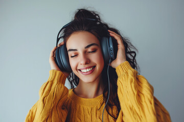 Girl in headphones happily listening to music on a plain background
