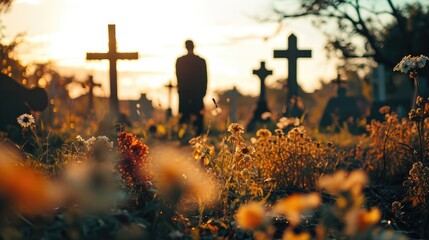 Sunset spiritual cemetery or graveyard with old grave tombstone and crosses, quiet calm prayer, sadness memorial landscape
