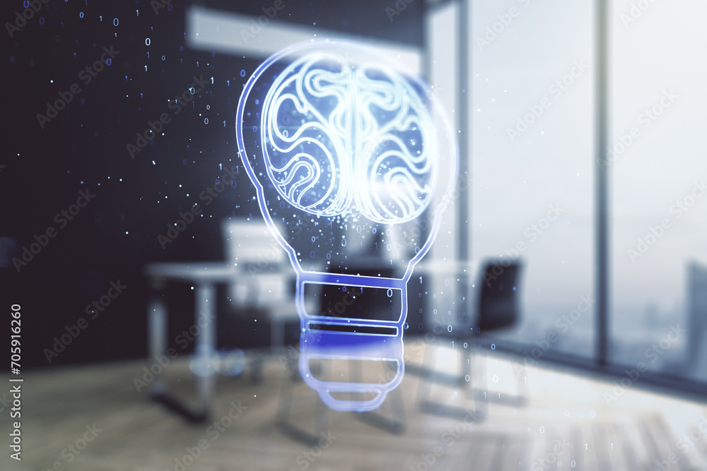 Aufkleber Creative idea concept with light bulb and human brain illustration and modern desktop with computer on background. Neural networks and machine learning concept. Multiexposure
