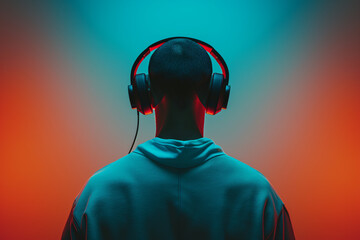A man in large headphones stands his back to the camera, against a colorful background