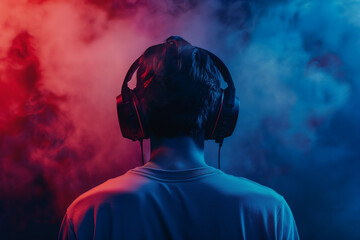 A man in large headphones stands his back to the camera, against a colorful background