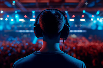Man in headphones stands with his back to the camera, against the backdrop of the stands of an eSports match