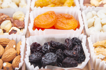 Mix of nuts and dried fruits close up