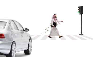 Suadi arab man in front of a car walking with a briefcase full of money on a pedestrian crossing